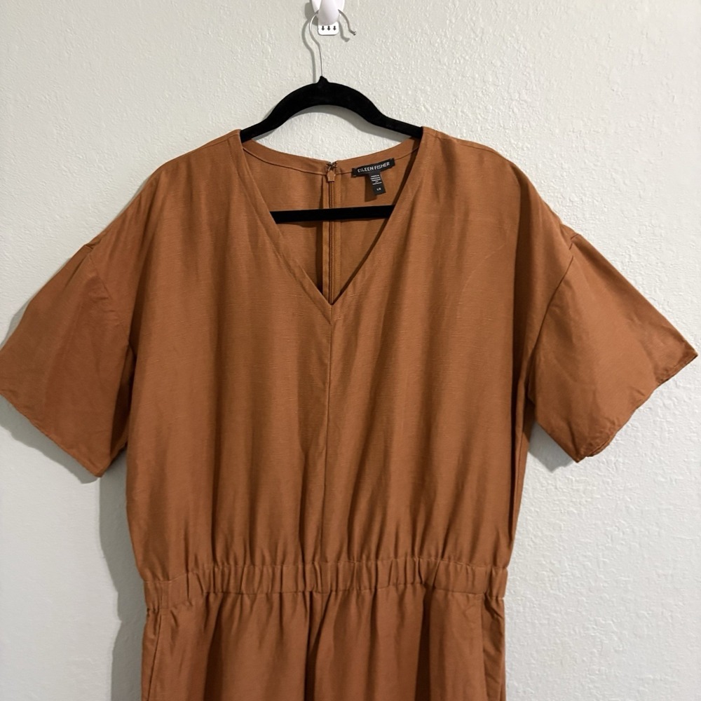 Eileen Fisher Organic Linen Lyocell Cropped Wide Leg Jumpsuit L Rust Brown Boho - Picture 3 of 16